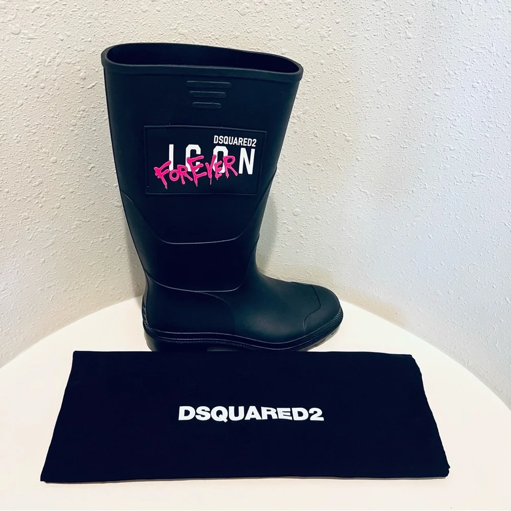 DSQUARED2 Women’s Icon Forever Tall Black Rubber Rain Boots Size 8 NEW - Picture 11 of 15